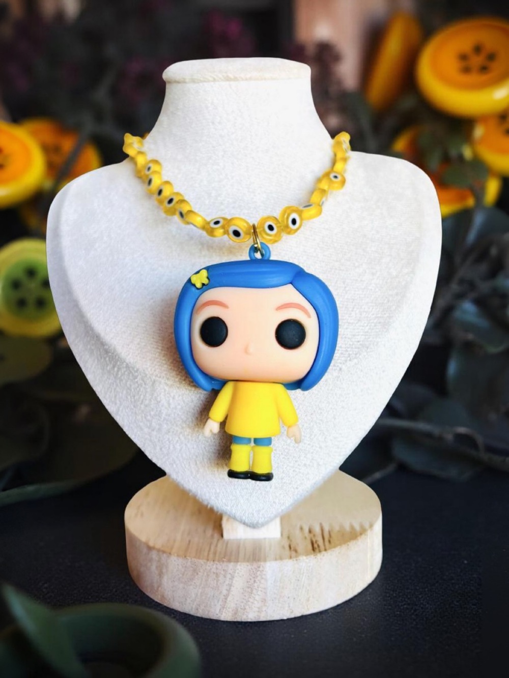 One of a kind Coraline Pop! Style Necklace — Yellow & Blue Pendant/ Magnetic